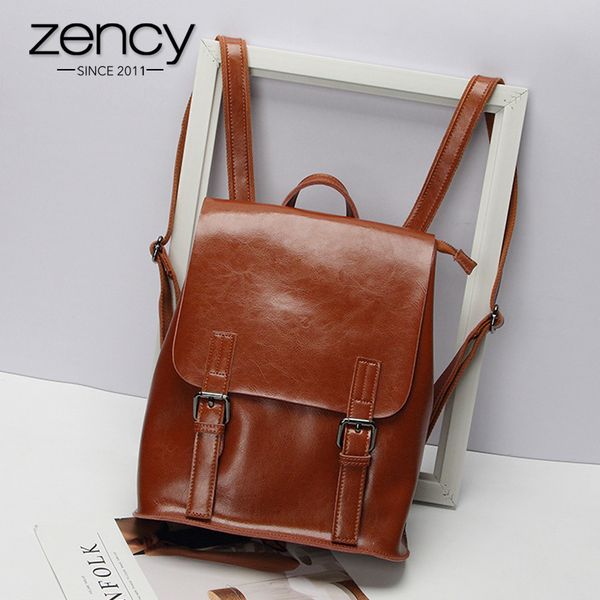 

zency 100% genuine leather women backpack fashion brown daily holiday knapsack notebook schoolbag for girls travel bag black