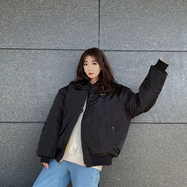 

fashion women reversible jacket coat black yellow two side with front back embroidered sign men women autumn winter warm coat size m  xl, Black;brown