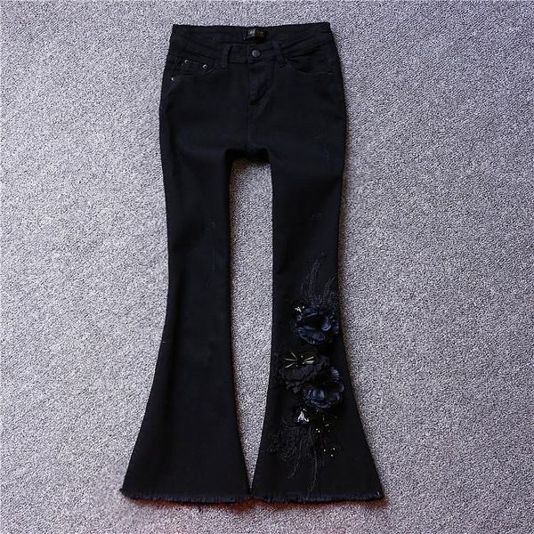 

european station 2018 autumn and winter new beaded stretch black big jeans flowers flare pants trousers1, Blue
