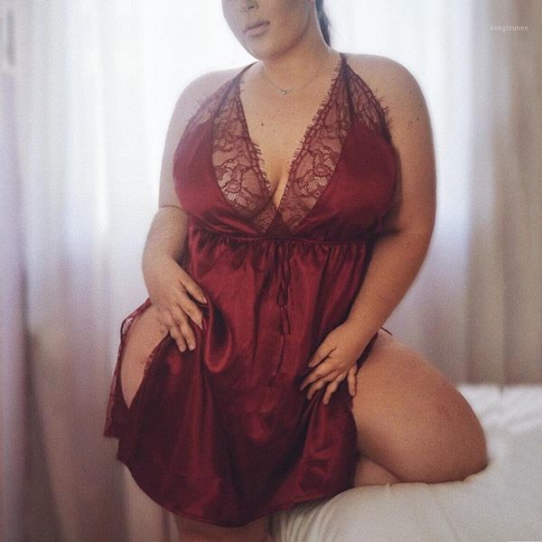 

night dress women plus size 2021 summer women's eyelashes lace lingerie nightdress with side slits solid color sleepwear #31, Black;red