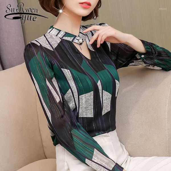 

2020 fashion print chiffon blouse women shirt long sleeve plus size women stripe blouse women's clothing blusas 0092 301, White