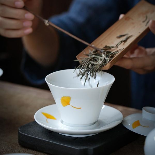 

luwu headpainted ceramic tureen gaiwan teakup gingko handpainted cha bowl 160ml luwu headpainted хлопок новый wmtihm