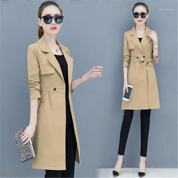 

fashion windbreaker female 2019 spring autumn new women's korean large size long section waist slim trench coats n5341, Tan;black