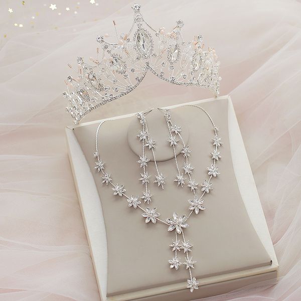

2020 new atmosphere korean bridal headdress wedding dress accessories crown necklace jewelry three pieces set, Silver