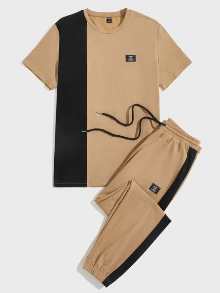 

men color block tee & drawstring waist sweatpants set s2qz#, Gray