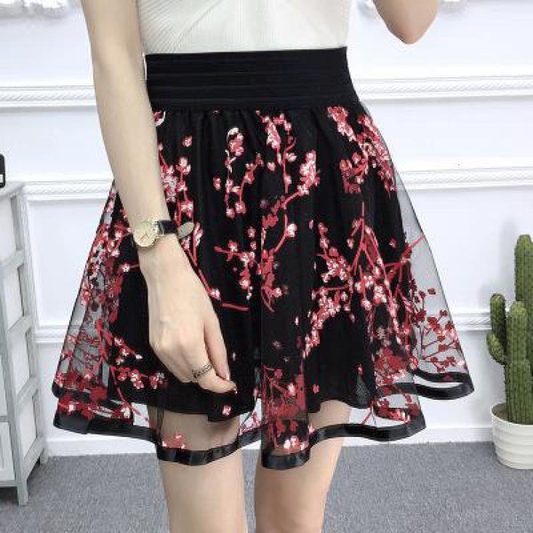 

new casual grid cherry blossoms floral lace skirts women a-line mini black skirts female high waist prevent exposure