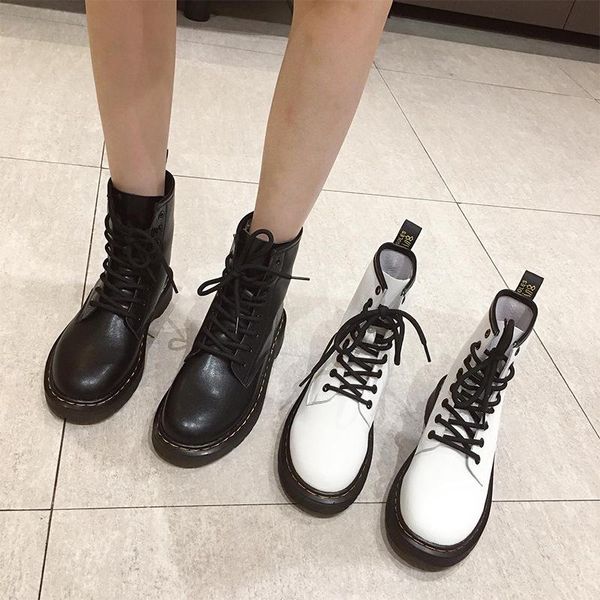 

lady boots winter shoes for women round toe lace up leather booties boots-women ladies 2020 med genuine rubber autumn rock, Black