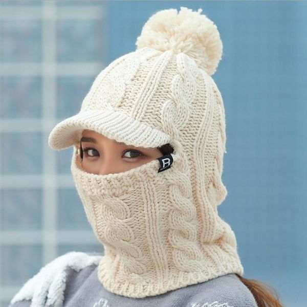 

warm neck knit fur pompoms mask winter for girl wool knitted hat female balaclava caps gorras bonnet y200103 ted, Blue;gray