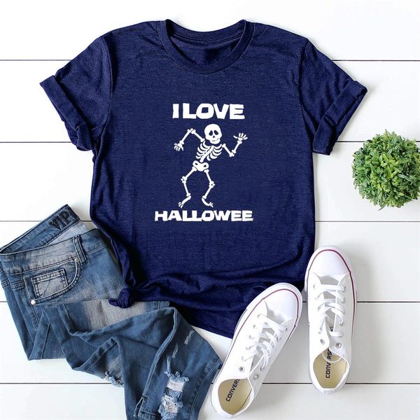 

xt193 loose short-sleeved graphic print t-shirt women 2021 spring and summer new halloween i love hallowee skull print t-shirt top, White