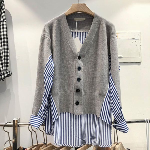 

2020 autumn striped splice knitting v neck blouse women loose fake two 1, White