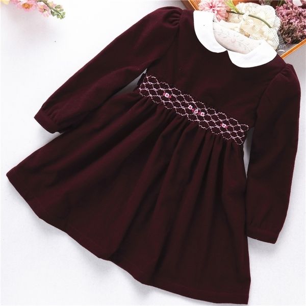 Kış Kız Elbiseler Uzun Kollu Şarap Kırmızı Smocked El Yapımı Butikler Çocuk Giysileri LJ200921