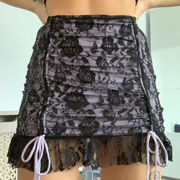 

women mini skirt rose floral hollow out ruffle casual high waist drawstring front mesh perspective print short a-line skirt, Black