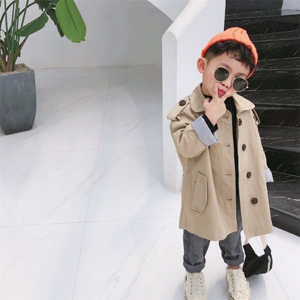 Outono Estilo Coreano Moda Meninos Oversized Trench Jackets Crianças Solto Listrado Retalhos Long Coats Crianças Outwears LJ201007