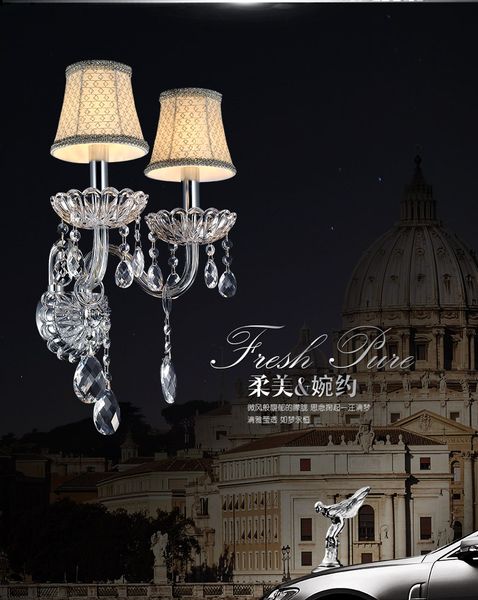 

modern crystal wall lamp candle led e14 bulbs silk fabric lampshade bedside