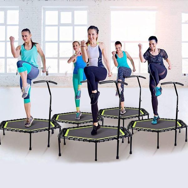 

trampolines 48 inch hexagonal muted fitness trampoline with adjustable handrail for indoor gym jump sports adults kids safety1