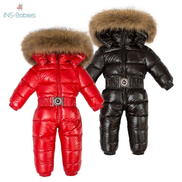 Inverno bambini 90% piume d'anatra bianca pagliaccetti ragazzi grande pelliccia naturale con vestiti con cappuccio ragazze addensare tuta 2-6 anni bambini tuta da neve LJ201017