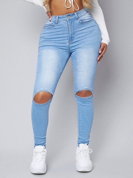 

sxy high waist cut out jeans 60sa#, Blue