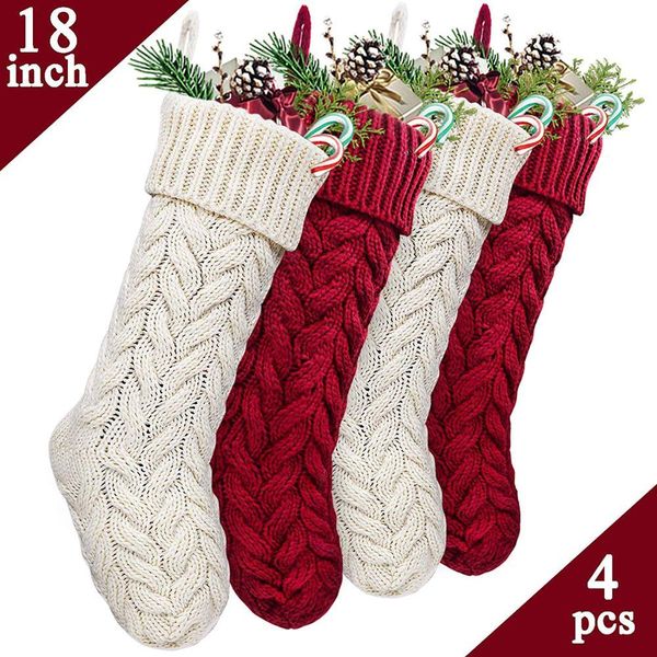

christmas stockings, 4 pack 18 inches large size cable knit knitted xmas stockings for family camping holiday season decor, Red;black