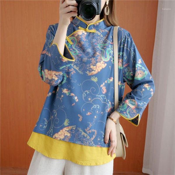 

women's blouses & shirts 2021 spring arts style women stand collar button loose blouse vintage print cotton plus size femme blusas s241, White