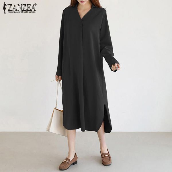 

2020 женщины midi платье zanzea дамы элегантный v шеи vestidos осени turn воротник платья плюс размер 5xl casual solid robe femme, Black;gray