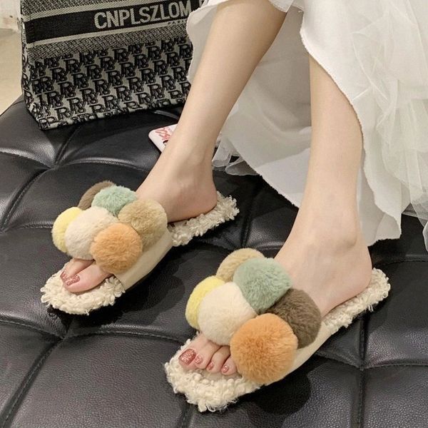 

lucyever lovely fur ball home flat slippers for women fashion mix color fluffy plush slides woman comfortable soft bottom shoes #wc9y, Black
