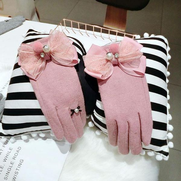 

five fingers gloves korean lace bow knot letter love pearl women winter fashion black pink thick warm touch screen cashmere agl272, Blue;gray