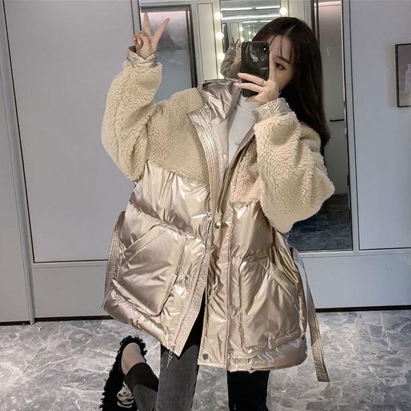 

2021 new winter women korean loose bright surface hooded coat female warm thick fuax lamb fur patchwork oversize parkas z53, Black