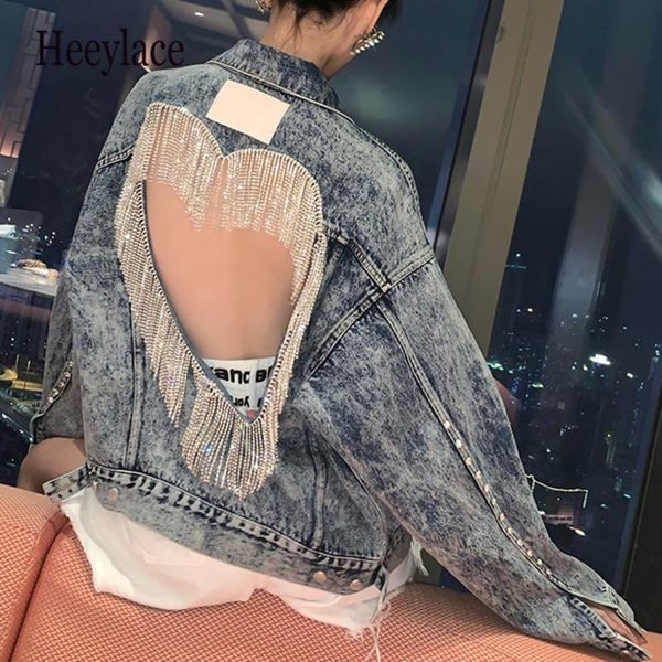 

jacket beading hollow out coat women female long rivet vintage boyfriend denim 2020 sequines sleeve tassel jeans pvubw, Black