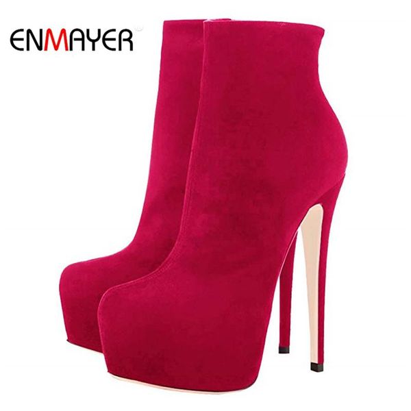 

boots enmayer fashion autumn winter women round toe zip flock super high heels shoes platform elegant prom big size ankle, Black