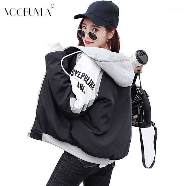 

voobuyla 2019 winter jacket women parka warm thick letter print short style cotton padded parkas coat loose hooded outwear new1, Black