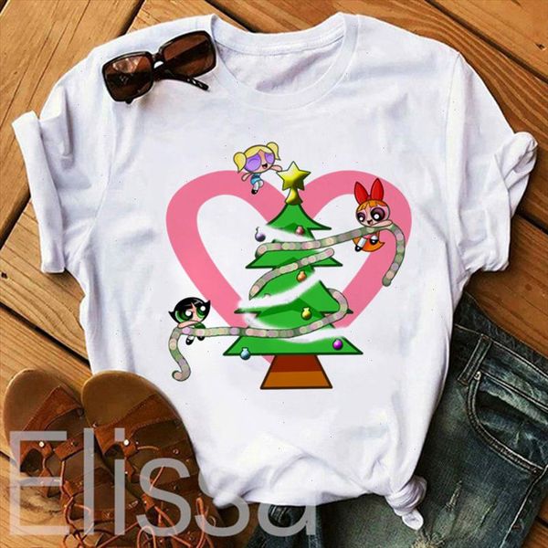 

christmas powerpuff girls printing t shirt female harajuku printed white vogue clothes funny reno navidad graphics shirt