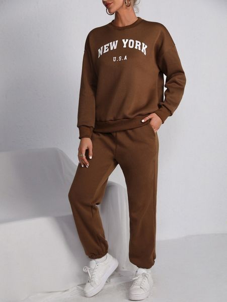 

letter graphic drop shoulder pullover & sweatpants h2za#, White