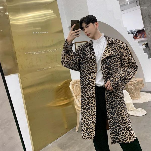 

male vintage fashion casual cardigan windbreaker jacket men leopard print long loose trench coat1, Tan;black