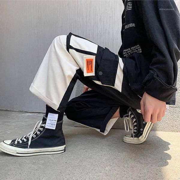 

men's pants cool hip streetwear men's patchwork joggers 2021 men ribbons cotton cargo pant trousers elastic waist harem men1, Black
