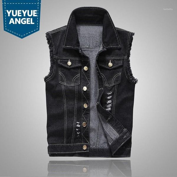 

mens vests new fashion summer slim fit distressed sleeveless gilet homme korean style casual biker man denim vest1, Black;white