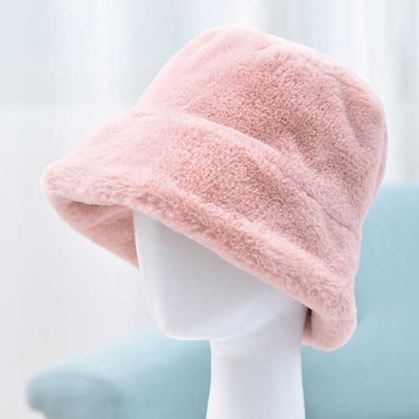 

2021 large size chic women winter travel solid color plushy faux fur wide brim thick warm bucket cap, Blue;gray
