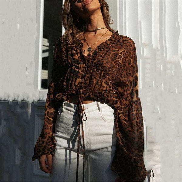 

women blouse 2021 chiffon blouses vintage womens and blouses v neck blouse leopard print long sleeve lace up fall, White