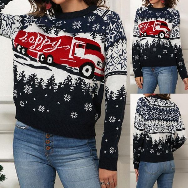 

women's sweaters 2021 fashion women o-necklong sleeve christmas truck snowflake print knit sweater brand and suÃ©ter#351, White;black