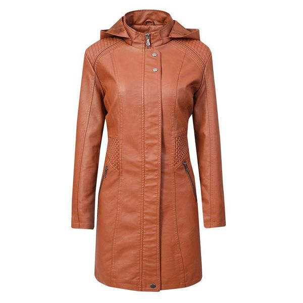 

women's leather & faux pu hooded jacket long motorcycle slim fashion jackets, Black