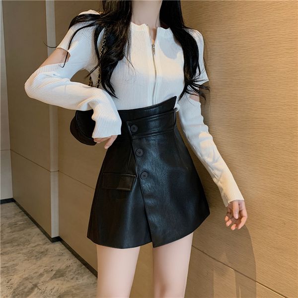 

autumn 2020 new style pierced long sleeve t-shirt + irregular pu short skirt two piece fashion suit for women