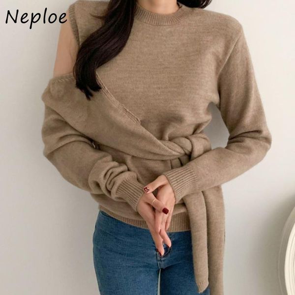 

neploe chic shoulder strapless irregular drawstring slim waist pullovers solid color knitted sweaters korean autumn o-neck, White;black