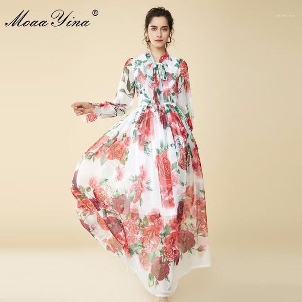 

casual dresses moaayina 2021 spring summer maxi dress bow collar rose floral prin butterfly sleeve long holiday bohemian loose dress1, Black;gray