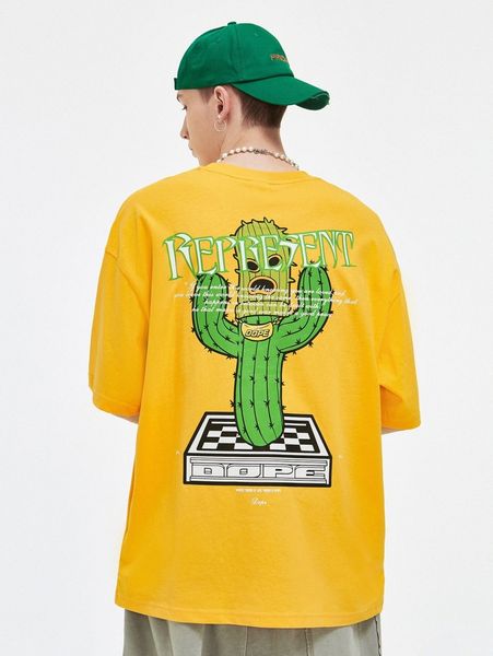 

men drop shoulder slogan & cartoon graphic tee 72o1#, White;black