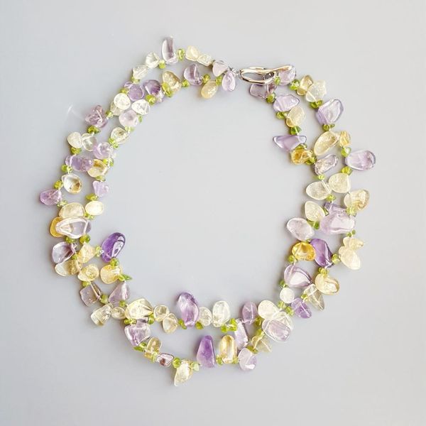 Lii Ji Naturstein Echter Lavendel Amethyst Citrin Peridot Knebelverschluss 2 Reihen Halskette 47 cm Handgefertigter Schmuck für Frauen Geschenk Q0531