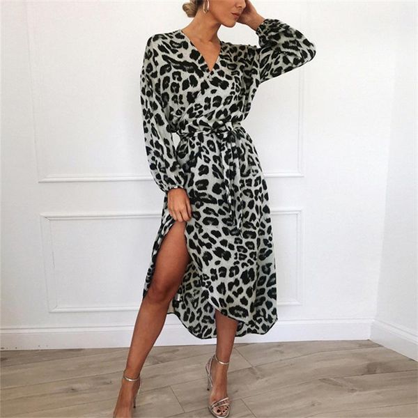 

qweek long chiffon dress for women autumn 2020 long sleeve white leopard plus size dress party v-neck empire women, Black;gray