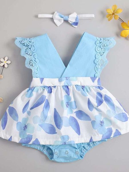 

baby girl floral print combo bodysuit dress & headband she, Red;yellow