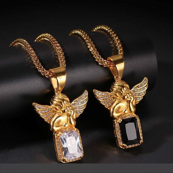 

Men Women Hip Hop Necklace Yellow Gold Plated White Black CZ Angle Pendant Necklace for Men Women Punk Jewelry