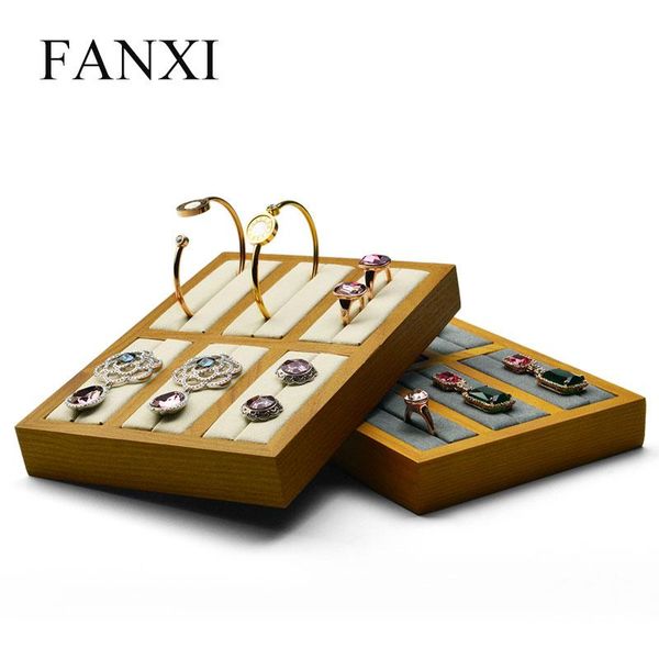 

fanxi solid wood cream-white&dark gray 6 seats bangle display props with microfiber for exhibition jewellry bangle&ring holder, Pink;blue