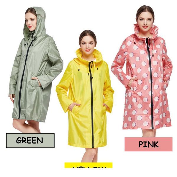 

2019 new design fashion waterproof polyester women yellow long raincoat jacket hooded for ladies travel show raingear bbyvrg