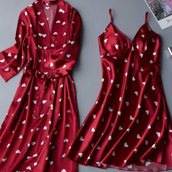 

2pcs set night dress for women deep sleepwear lingerie silk nightgown sleeveless nightdress nightwear summer homewear y200425, Black;red